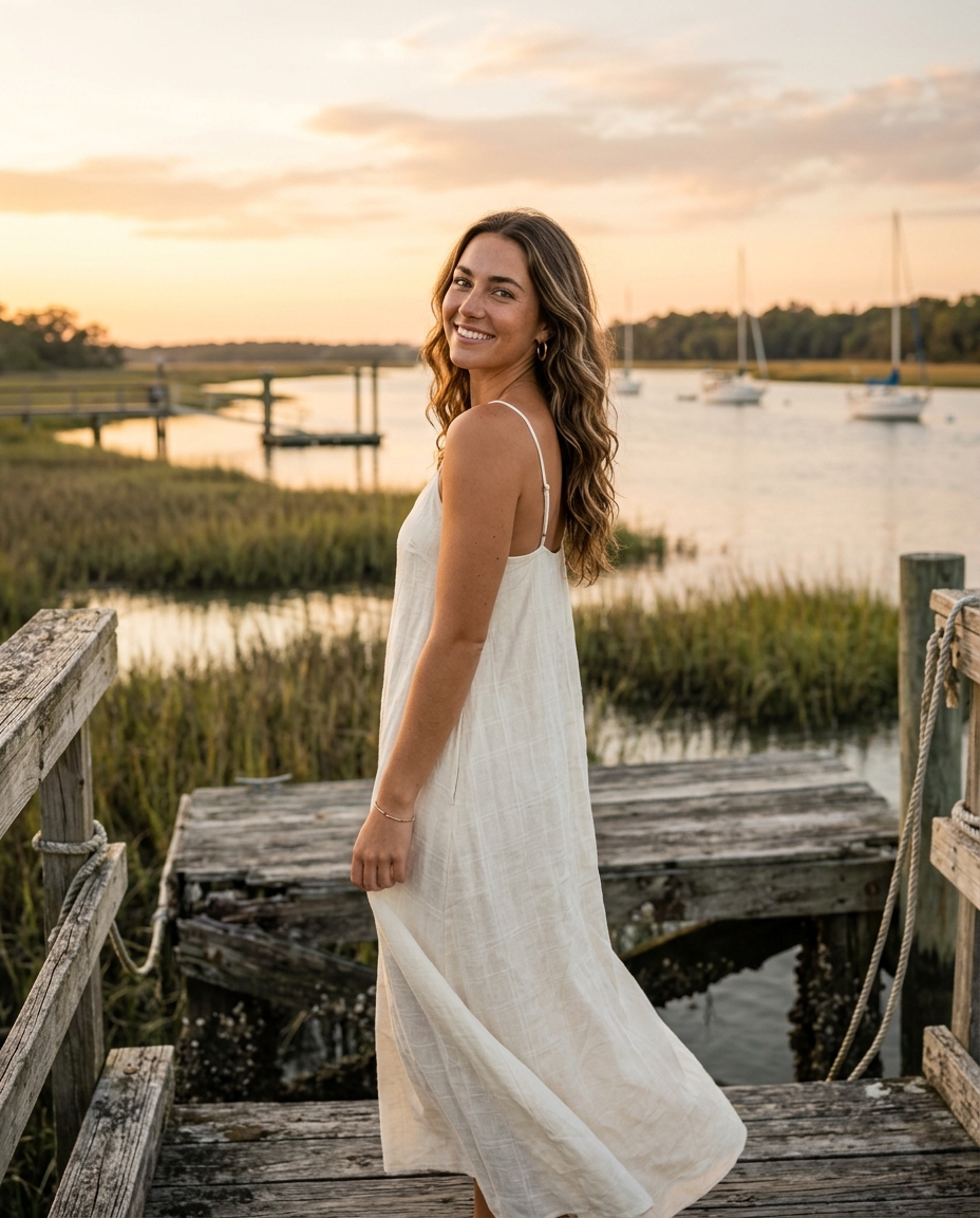 Charlotte Pierce on a Savannah dock at sunset